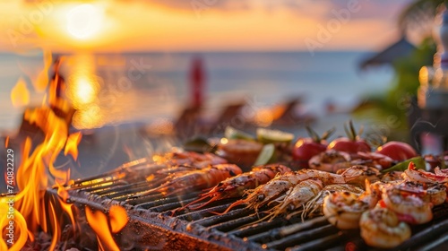 Seafood Grilling Over Open Flames at Sunset Beach. Fresh seafood grills on an open flame with a beautiful sunset over the beach creating a perfect backdrop for a summer barbecue. photo