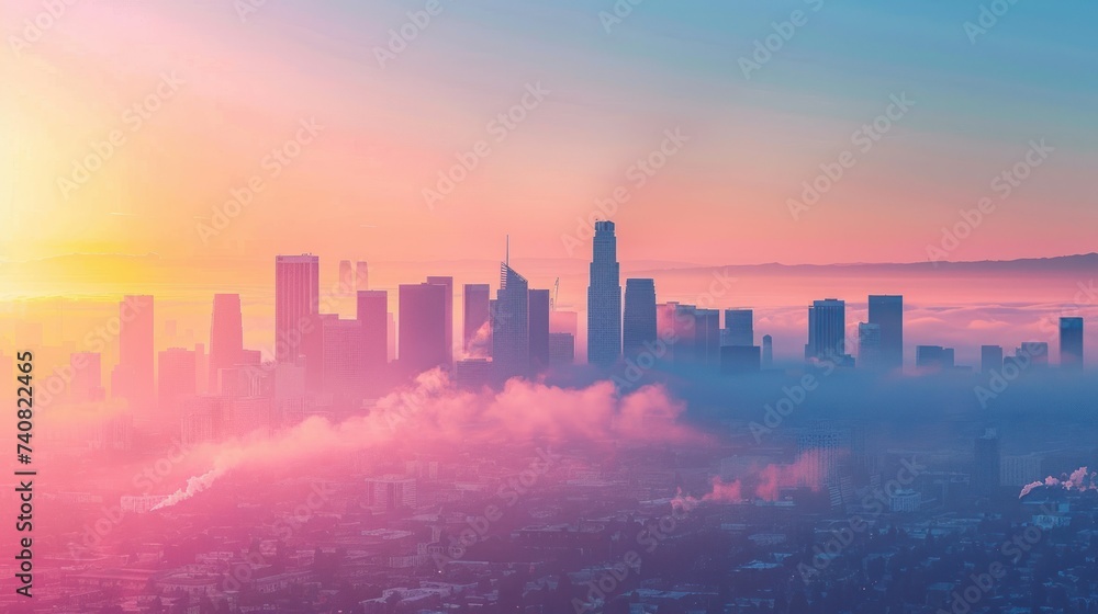Fototapeta premium Sunrise Glow Over City Skyline and Fog. The sunrise casts a warm glow over a city skyline, with buildings emerging from a soft blanket of fog.