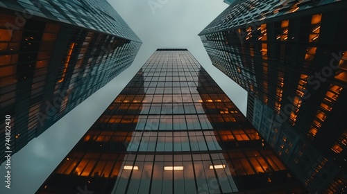 Modern Glass Skyscrapers Reaching Skyward. View from the ground up to the sky of towering glass skyscrapers, reflecting the moody overcast sky in their facade.