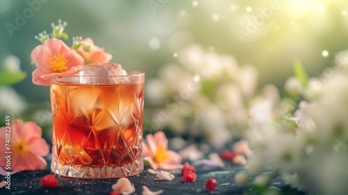 Iced Amber Cocktail with Pink Blossoms on Floral Background. © Oksana Smyshliaeva