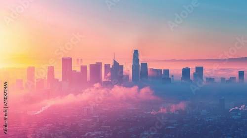 Sunrise Glow Over City Skyline and Fog. The sunrise casts a warm glow over a city skyline, with buildings emerging from a soft blanket of fog. © auc