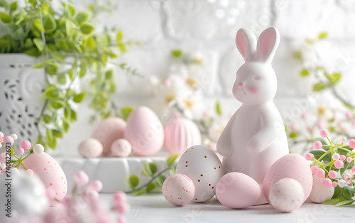3d illustration of sphere, easter, spring, chocolate in pnk, blue, red, gold and blink ball and bunny in white, pastel, gold and rose pink colour, holiday © chui