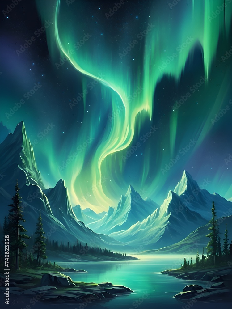 illustration art of beautiful aurora in the night covering mountains