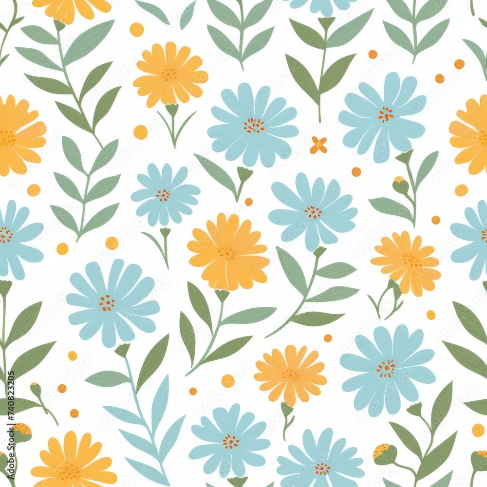 Cheerful Floral Seamless Pattern in Chambray Blue and Marigold Yellow.