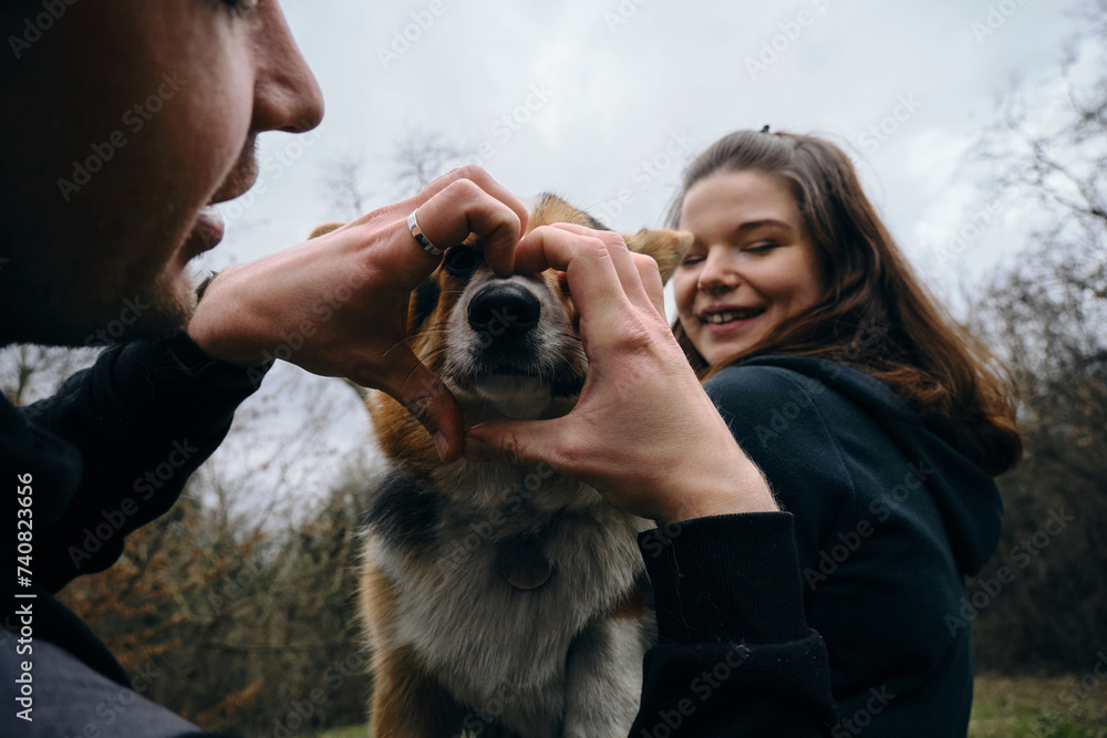 A woman holds a dog in her arms, and a man on the other hand made a heart out of his fingers and put it to the pet's nose. Charming and beloved Welsh corgi Pembroke tricolor close up. A woman holds a dog in her arms, and a man on the other hand made a heart out of his fingers and put it to the pet's nose. Charming and beloved Welsh corgi Pembroke tricolor close up.