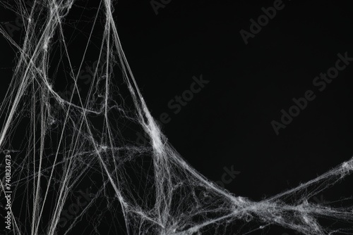 Creepy white cobweb on black background, closeup. Space for text