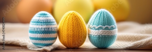 A delightful trio of Easter eggs, each with its own heartwarming gaze and a soft knitted pom-pom hat, arrayed against a gentle background, bringing a touch of Easter cheer 