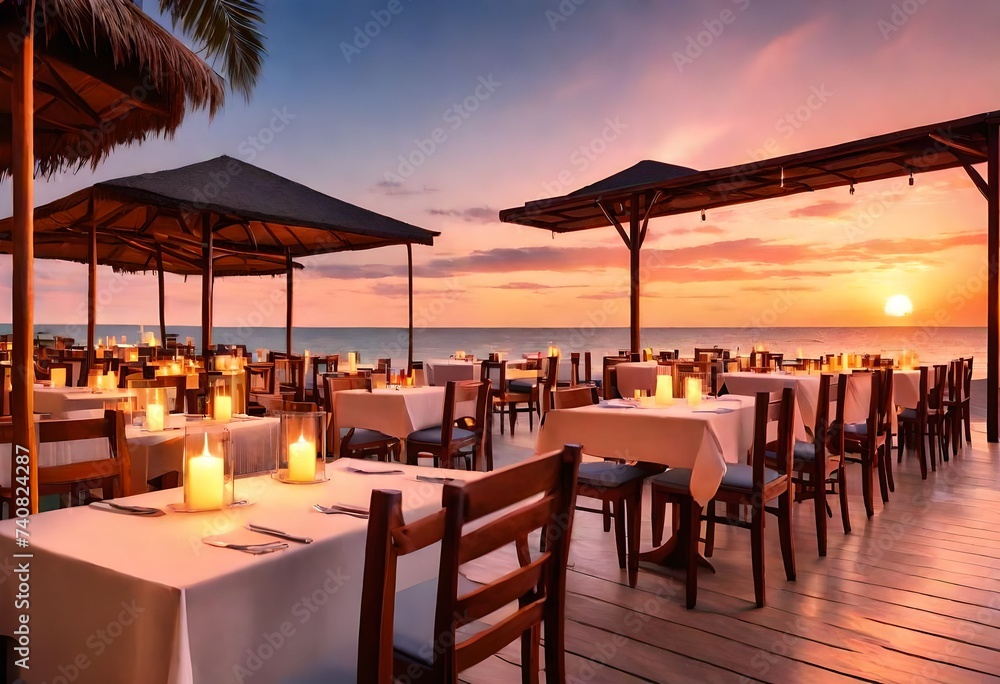 Outdoor restaurant at the beach. Tables at beach restaurant. Led light candles and wooden tables, chairs under beautiful sunset sky, sea view. Luxury hotel or resort restaurant. Generative AI