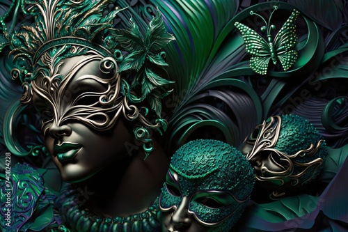 Richly decorated carnival masks. Carnival outfits, masks and decorations.