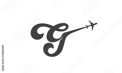 G tourism company logotype concept. Alphabet navigate g sign with airlines and jet plane, lowcost flight or logistic brand, global travel lowcoster logo idea. Isolated abstract graphic design template