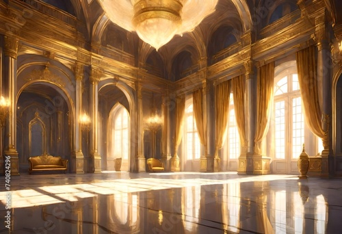 A realistic fantasy interior of the royal palace. golden palace. castle interior. Fiction Backdrop. concept art. Generative AI