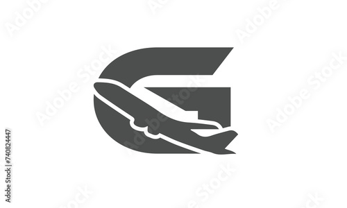G tourism company logotype concept. Alphabet navigate g sign with airlines and jet plane, lowcost flight or logistic brand, global travel lowcoster logo idea. Isolated abstract graphic design template