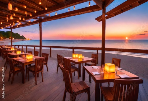 Outdoor restaurant at the beach. Tables at beach restaurant. Led light candles and wooden tables, chairs under beautiful sunset sky, sea view. Luxury hotel or resort restaurant. Generative AI © Ghulam