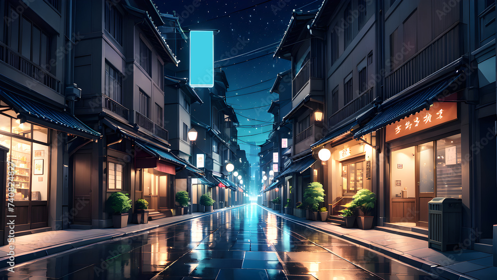 beautiful anime-style illustration of a city street at night.