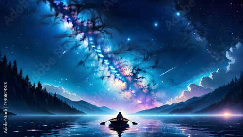 art illustration of a man in a boat under a galaxy. night in the mountains.