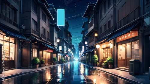 beautiful anime-style illustration of a city street at night. © Udayakumar