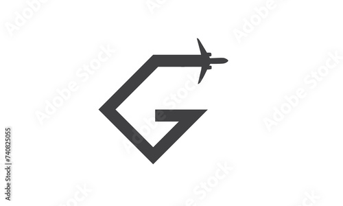 G tourism company logotype concept. Alphabet navigate g sign with airlines and jet plane, lowcost flight or logistic brand, global travel lowcoster logo idea. Isolated abstract graphic design template photo