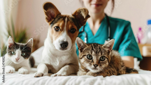 Veterinarian doctor with dog and cat on the bed in vet clinic