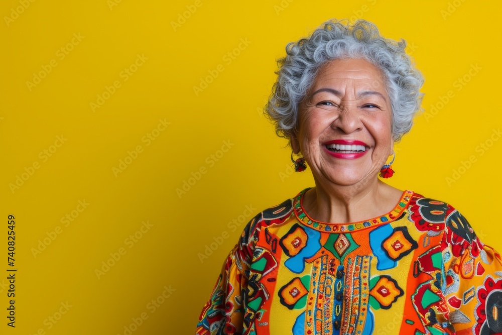 Radiant Senior Lady with Silver Hair and Floral Patterned Shirt on Yellow Backdrop.