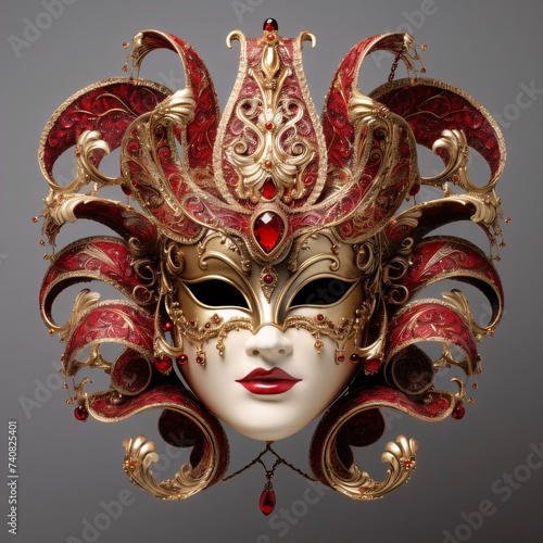 Mannequin head with dressed, elegant, rich with ornaments red gold mask with red ruby. Carnival costumes, masks and decorations.