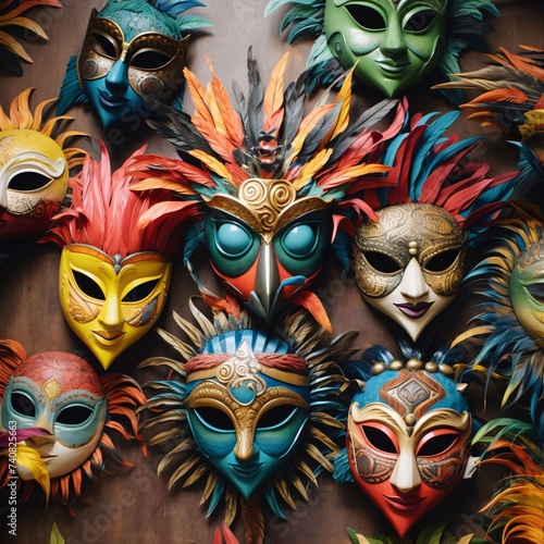 An aerial view of colorful feather masks stacked on a wooden tabletop. Carnival costumes, masks and decorations.