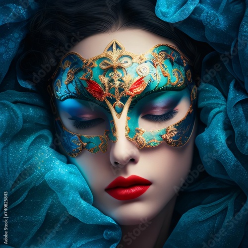 Head of a woman in an eye mask of gold blue, all around a celadon delicate material. Carnival outfits, masks and decorations.