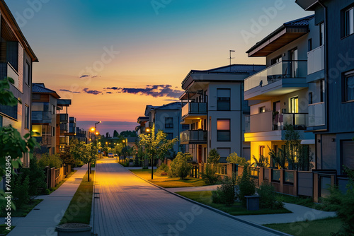 a row of townhouses at dusk. residential home in a modern development. modern building photo