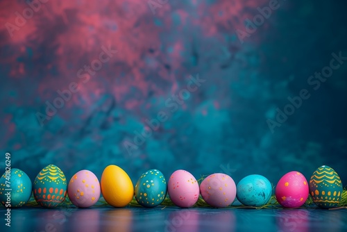 Easter poster and banner template with decorated eggs on a blue and pink background. Selective focus. Layout design for invitation, card, menu, flyer, banner, poster, voucher.