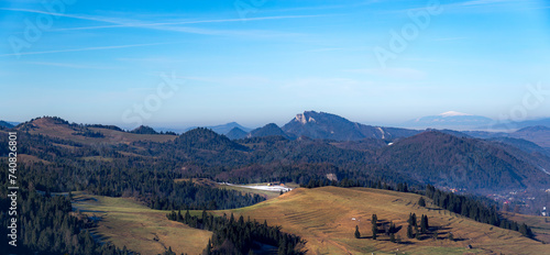 Fototapeta Naklejka Na Ścianę i Meble -  Panorama of White Water Nature reserve at Three Crowns Massif at background. View from pass Rozdziela, Pieniny Mountains.