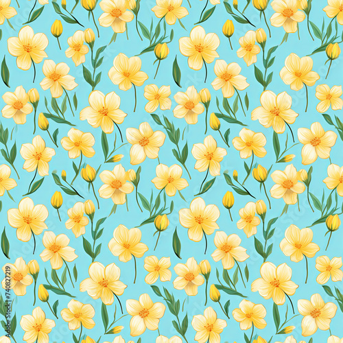 Flat Vector Illustration of Small Yellow Flowers on Cyan Background Seamless Patterns