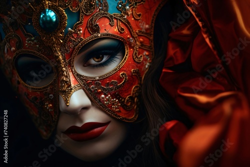 Face of Woman in gold, blue mask. Around the red material. Carnival outfits, masks and decorations. © Hawk