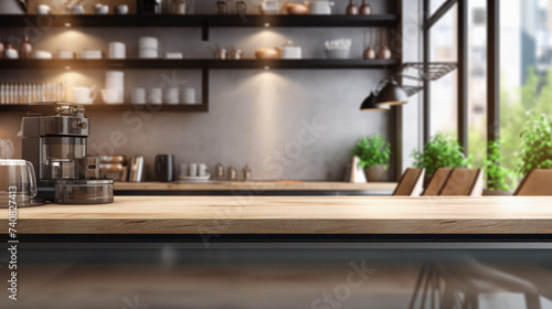 Wooden countertop in modern coffee shop, mock up