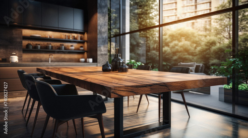 Wooden dining table with chairs in modern kitchen interior.  Rendering