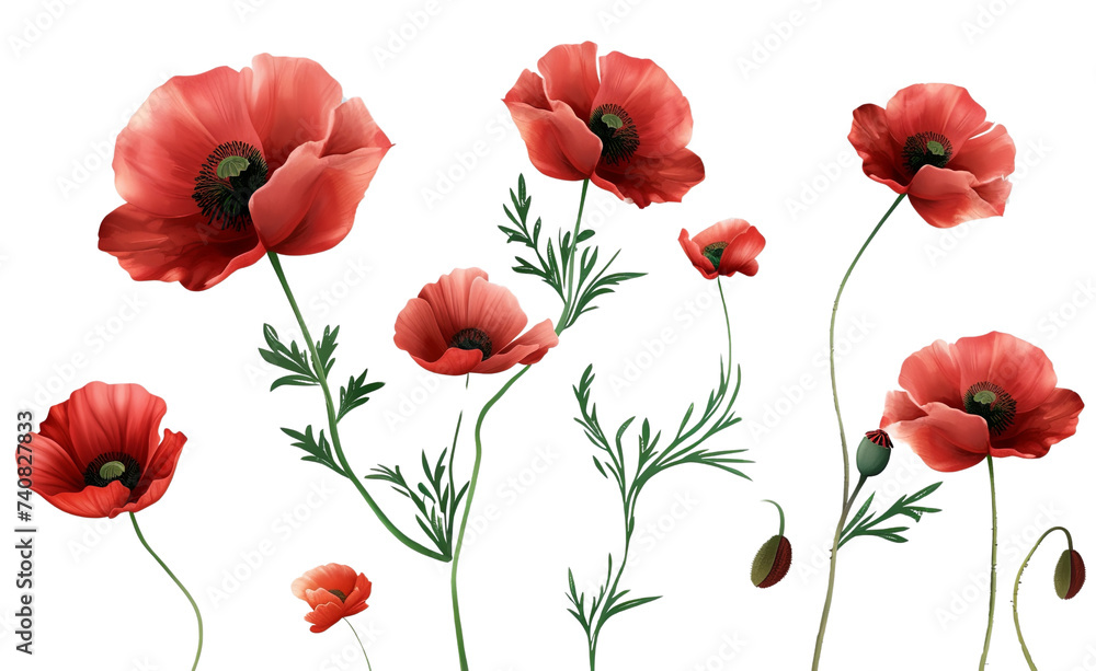 Obraz premium Red Poppy Flowers Isolated on transparent background, png file