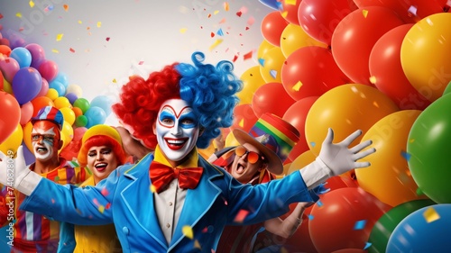 Men in clown costumes colorful around confetti balloons space for your own banner content. Carnival outfits, masks and decorations.