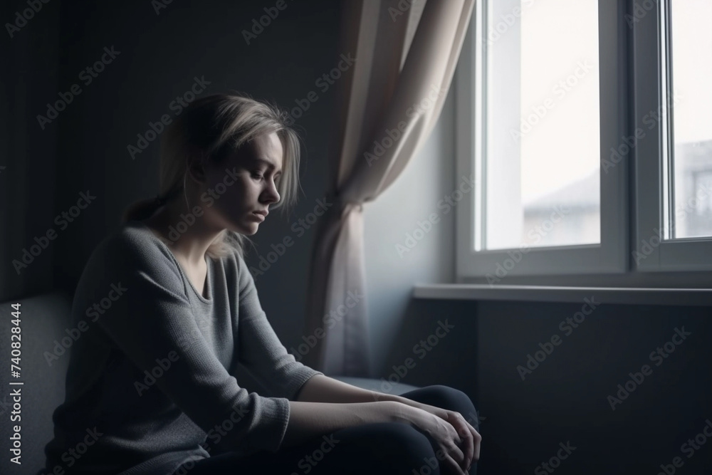 Sad woman at the window. Concept of helplessness, depression