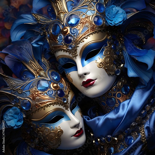 Richly decorated gold and blue carnival masks. Carnival outfits, masks and decorations.
