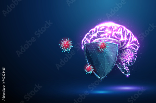 Abstract brain behind blue futuristic guard shield attacked by red viruses. Medicine protection concept. Low poly style.