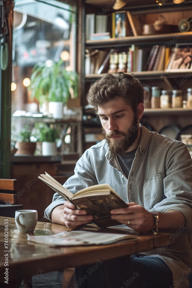 young handsome man reading book in library or cafe, bearded hipster student studying young handsome man reading book in library or cafe, bearded hipster student studying