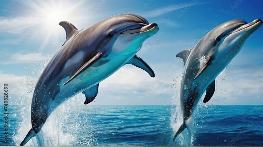 Fototapeta premium dolphins dancing and jumping around the ocean