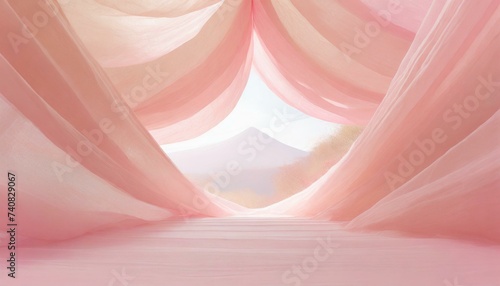 春のステージ、柔らかいピンクの布でできた背景素材 photo