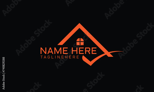 Real estate logo - house with chimney on the roof and green check mark on the white background