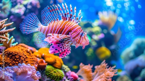 Lionfish elegantly swims among vibrant corals in a stunning saltwater aquarium scene. © Ilja