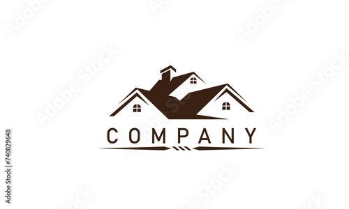 Real estate logo - house with chimney on the roof and green check mark on the white background