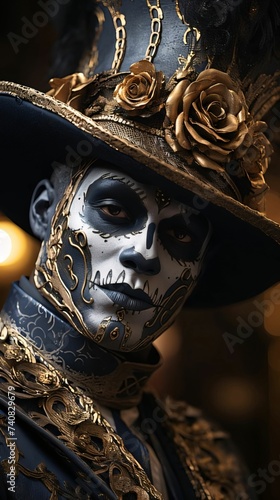A man with a face-painted mask, gold hat and rich ornaments. Carnival outfits, masks and decorations.