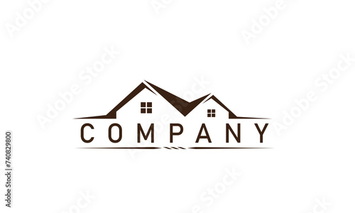 Real estate logo - house with chimney on the roof and green check mark on the white background
