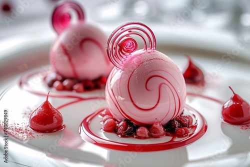 Gâteau à la fraise à la présentation originale dans un restaurant gastronomique » IA générative photo