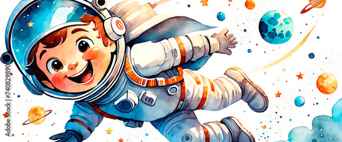 Adorable astronaut little boy on white background with planets and stars in watercolor painting style. Banner format. photo