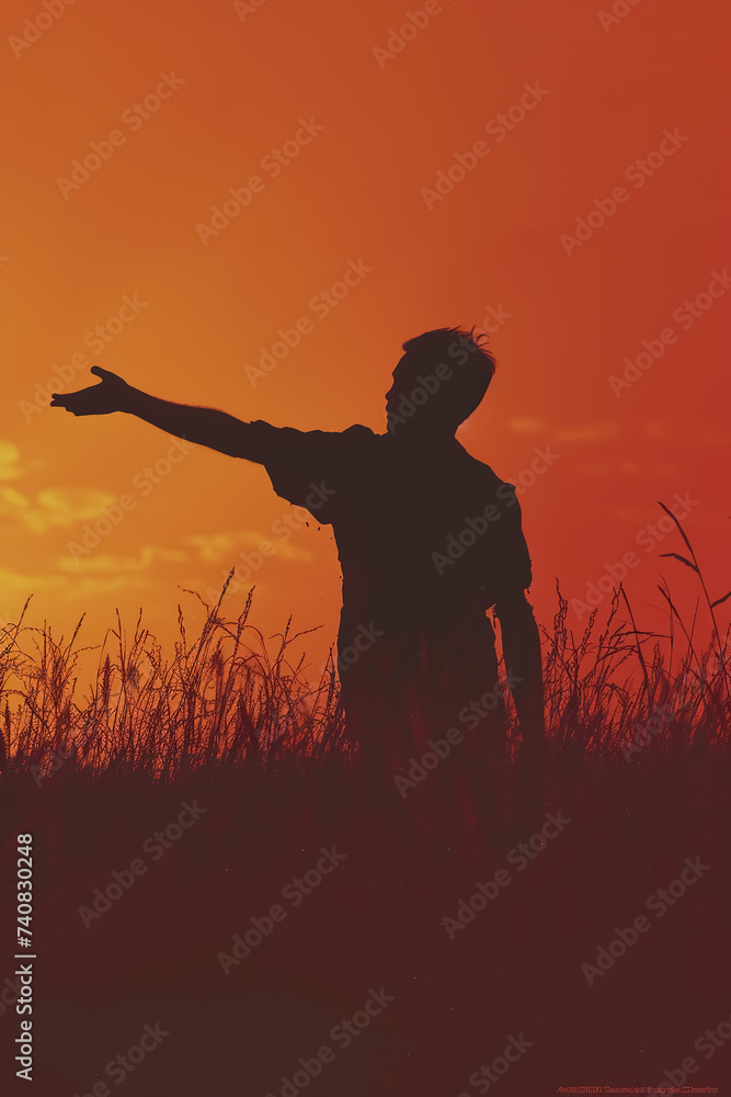 silhouette of happy man in field at sunset, person at nature, dramatic sky