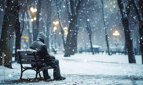 senior old man sitting in solitude on park bench at winter, calmness and tranquility in mature concept
